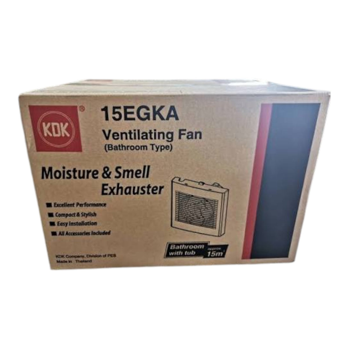KDK 15EGKA Ventilating Fan (Bathroom Type) Moisture & Smell Exhaurter cardboard box, featuring a brown kraft paper design with red, black, and blue graphics.