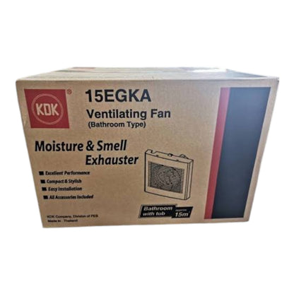 KDK 15EGKA Ventilating Fan (Bathroom Type) Moisture & Smell Exhaurter cardboard box, featuring a brown kraft paper design with red, black, and blue graphics.