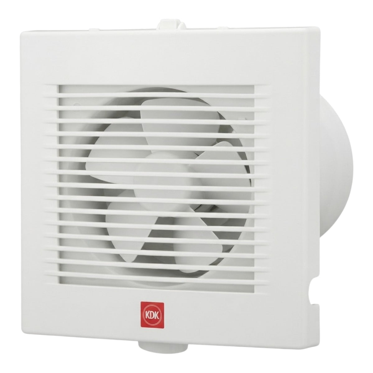 A white KDX bathroom exhaust fan with a front grille and visible fan blades, shown on a plain white background.