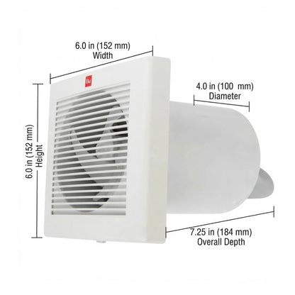White wall-mounted exhaust fan with dimension callouts showing width 6.0 in (152 mm), height 6.