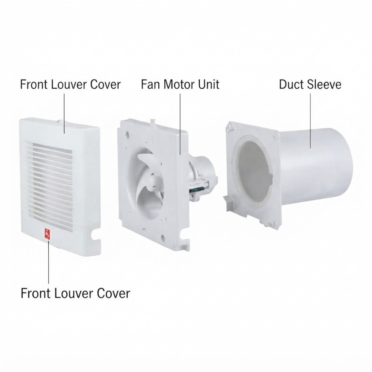 White duct fan assembly components labeled Front Louver Cover, Fan Motor Unit, and Duct Sleeve on a light gray background.