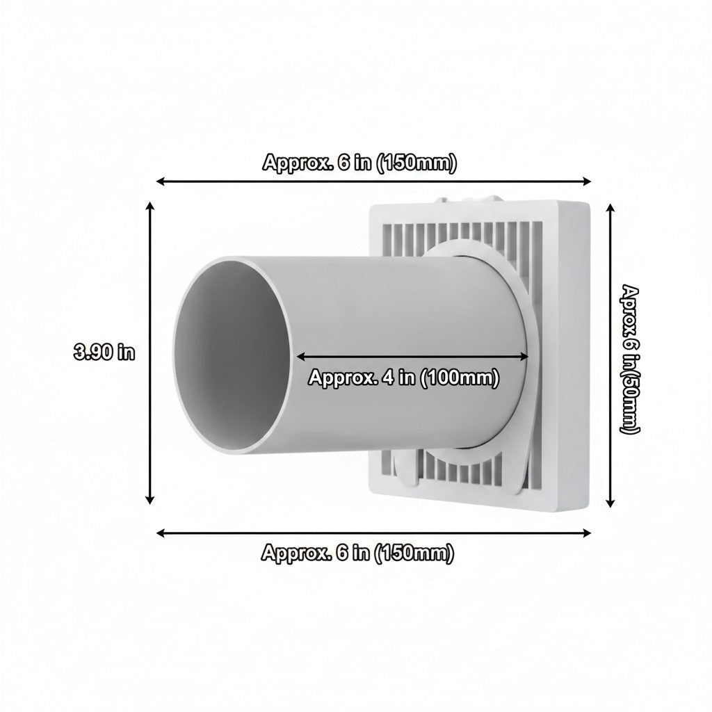 White wall-mounted ventilation fan with dimension annotations showing approximately 6 in by 6 in by 3.90 in measurements.