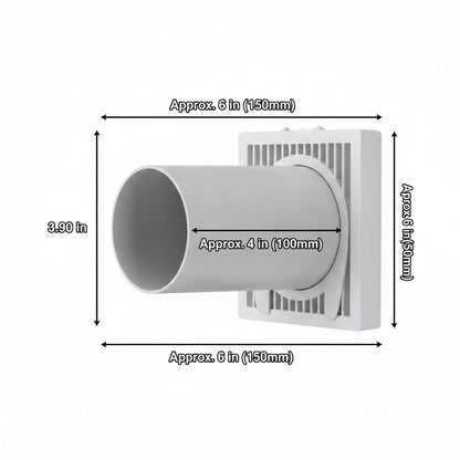 White wall-mounted ventilation fan with dimension annotations showing approximately 6 in by 6 in by 3.90 in measurements.