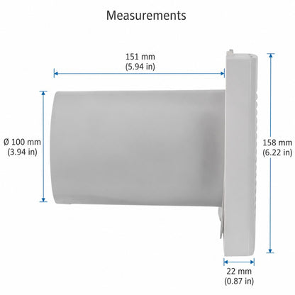 Measurement diagram of a cylindrical wall-mounted fixture or vent component, showing side dimensions labeled 151 mm, 158 mm, and 22 mm with blue dimension lines on a white background.