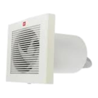A white ceiling or wall-mounted exhaust fan with a square grille and a cylindrical duct extending to the right, shown on a plain white background.