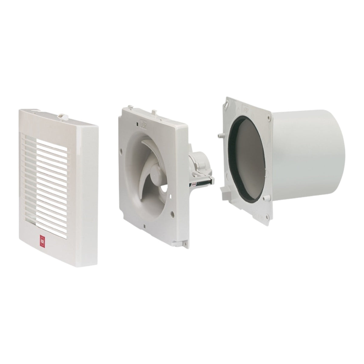 A white vented wall diffuser or exhaust fan component shown in three separated pieces on a plain white background.