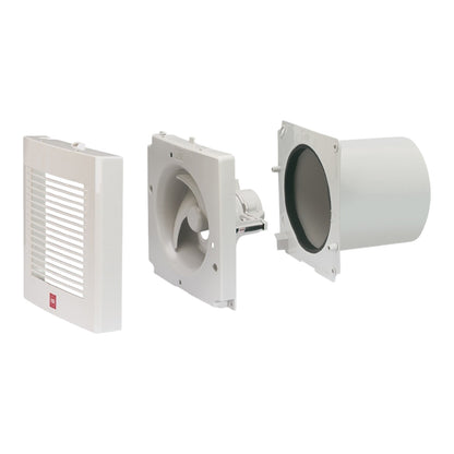 A white vented wall diffuser or exhaust fan component shown in three separated pieces on a plain white background.