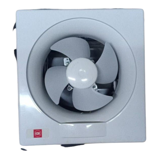 A square white ceiling or wall-mounted exhaust fan with a five-blade fan visible inside, shown against a plain white background. A small red KIK logo badge is visible in the bottom-left corner of the housing.