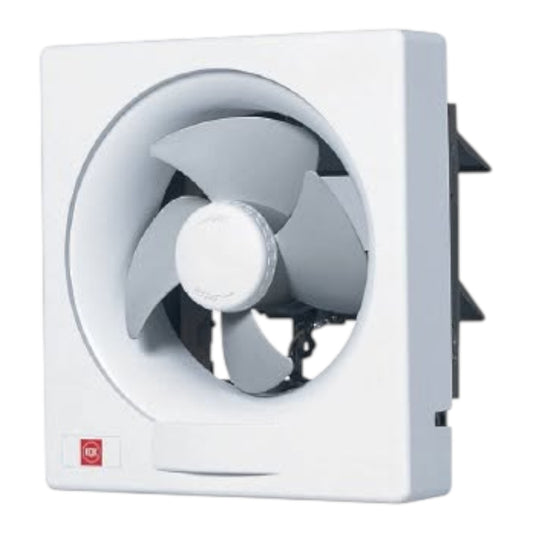 A white square wall-mounted exhaust fan with gray fan blades visible inside, shown on a plain white background.