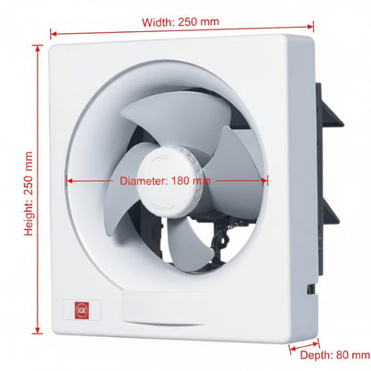 White square wall-mounted exhaust fan with red dimension lines and labels showing width 250 mm, height 250 mm, diameter 180 mm, and depth 80 mm on a light gray background.