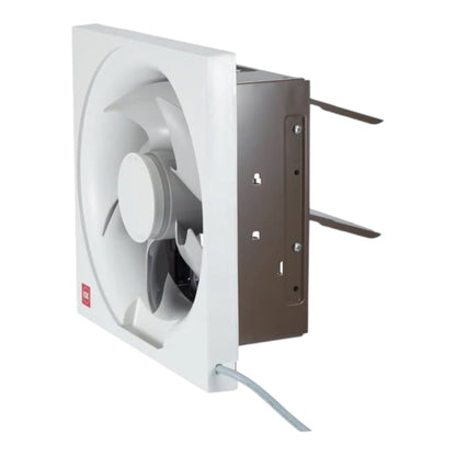 A square wall-mounted exhaust fan with a white front grille and housing, a dark brown metal core, and a gray power cord, shown on a plain white background.