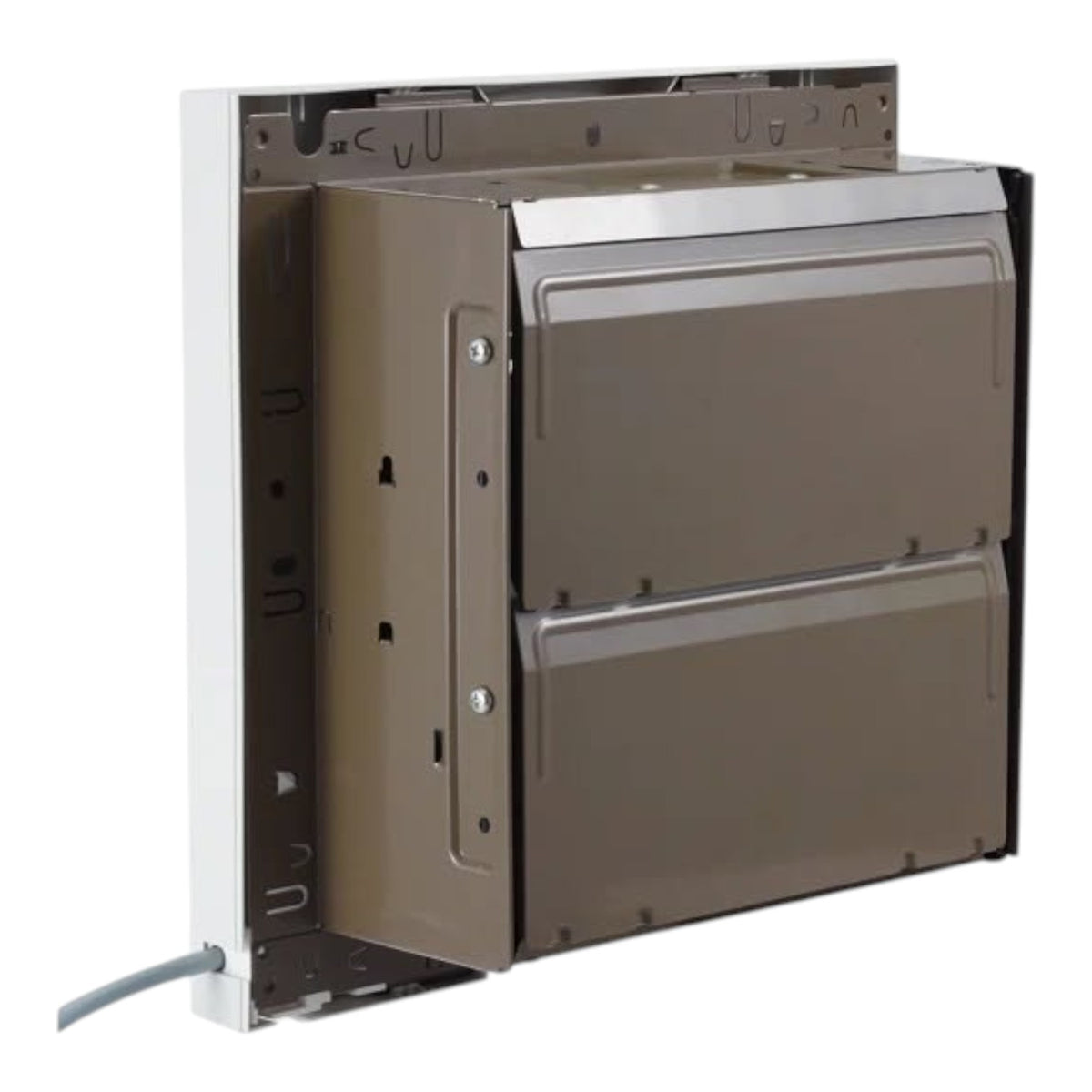 A wall-mounted double-door appliance, likely a built-in range hood or dryer, featuring a metallic bronze-brown finish on the front doors and a white mounting frame on the left side, shown against a plain white background.