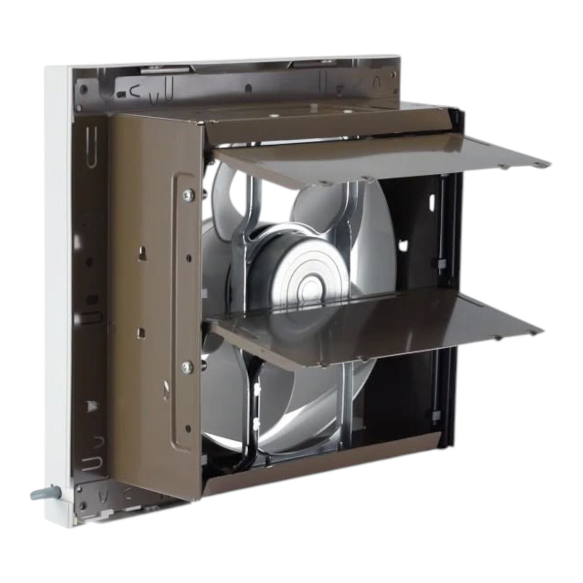 A wall-mounted exhaust fan with its outer metal grille open, showing the internal fan blades and duct opening, photographed on a plain white background.