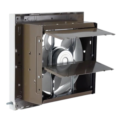 A wall-mounted exhaust fan with its outer metal grille open, showing the internal fan blades and duct opening, photographed on a plain white background.