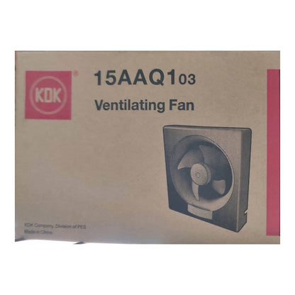 KOK Ventilating Fan model 15AAQ103 product packaging box, featuring a brown cardboard box with a red KOK logo and an illustration of the fan.