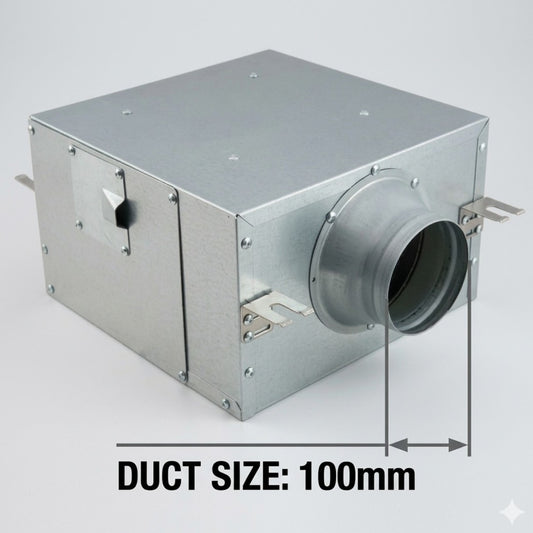 Galvanized steel duct fan box with a 100mm diameter duct connection, shown on a light gray background with a dimension overlay indicating the duct size.