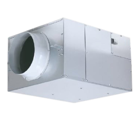 A white square ceiling fan vent with a horizontal slotted grille and a silver metal duct pipe extending from the top, shown against a plain white background.