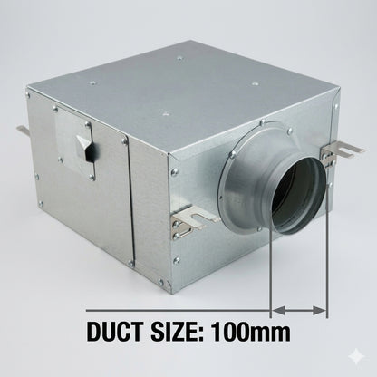 Galvanized steel duct fan box with a 100mm diameter duct connection, shown on a light gray background with a dimension overlay indicating the duct size.