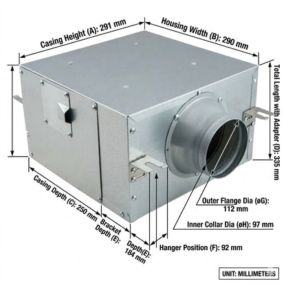 Technical dimension diagram of a galvanized metal duct box with labeled measurements for casing height, housing width, total length, and flange diameters, shown on a white background.