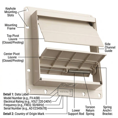 Technical diagram of a beige outdoor access door with labeled callouts for mounting frame, pivot louvres, side channel guide, support rod, torsion return spring, and spring anchor bracket.