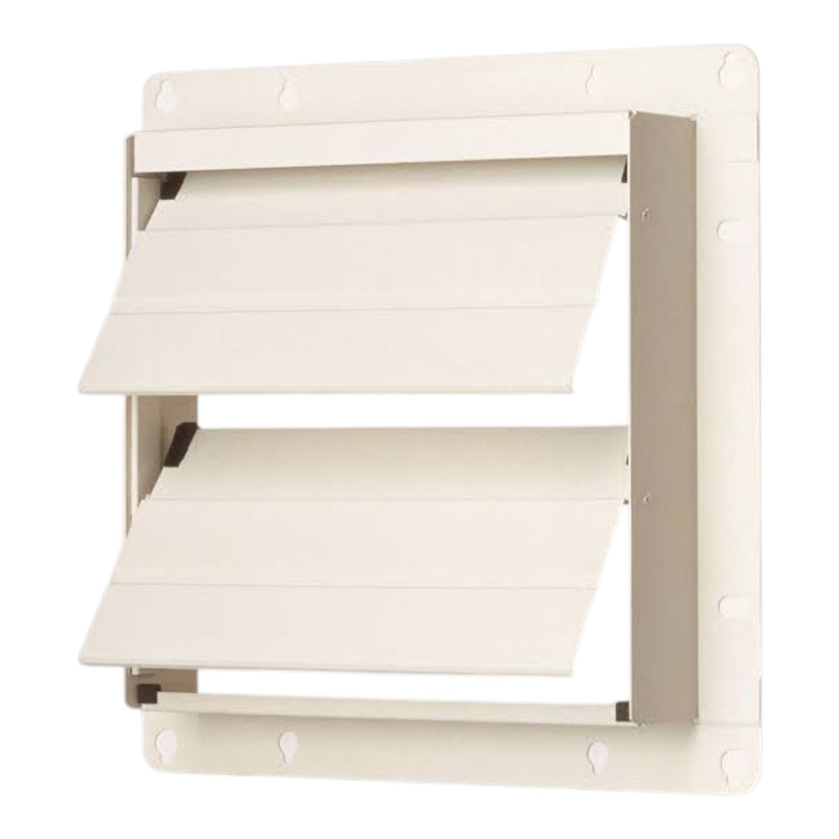 An off-white metal vent cover with two hinged louvers shown in an open position, mounted on a square backplate.