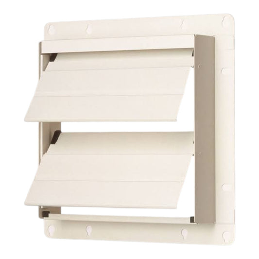An off-white metal vent cover with two hinged louvers shown in an open position, mounted on a square backplate.