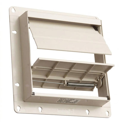 An off-white plastic vent cover with a spring-loaded hinged flap, designed for wall mounting, shown against a plain white background.