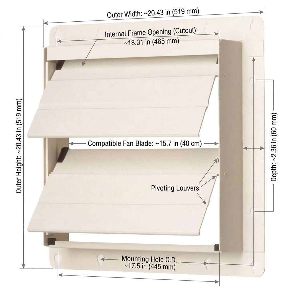 A beige wall-mounted outdoor vent cover with dimension callouts showing outer width, outer height, internal frame opening cutout, compatible fan blade size, depth, and mounting holes.