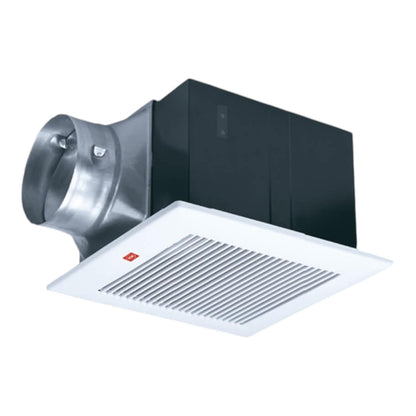 A ceiling-mounted bathroom exhaust fan with a white square grille, a black rectangular body, and a silver metal duct connection, shown on a plain white background.