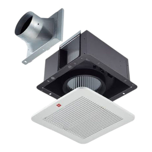 A ceiling-mounted bathroom exhaust fan and duct assembly shown on a plain white background. The product includes a white square vent grille, a black rectangular fan housing, a silver metal duct flange, and a gray filter, with a small red brand mark on the vent.