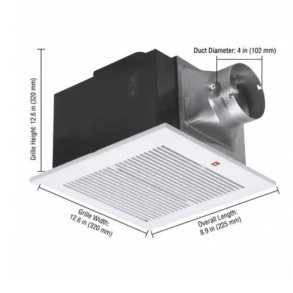 A ceiling-mounted exhaust fan with dimension labels showing grille width of 12.6 in, grille height of 12.