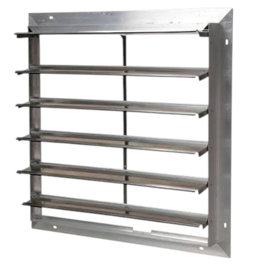 A stainless steel wall-mounted shelving unit with five horizontal shelves and a square frame, shown against a plain white background.