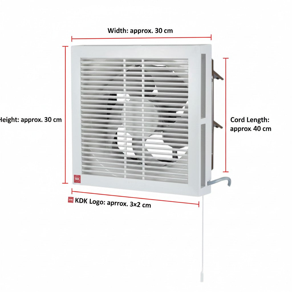 A white square wall-mounted exhaust fan with a front grille and visible fan blades inside, shown on a plain white background.