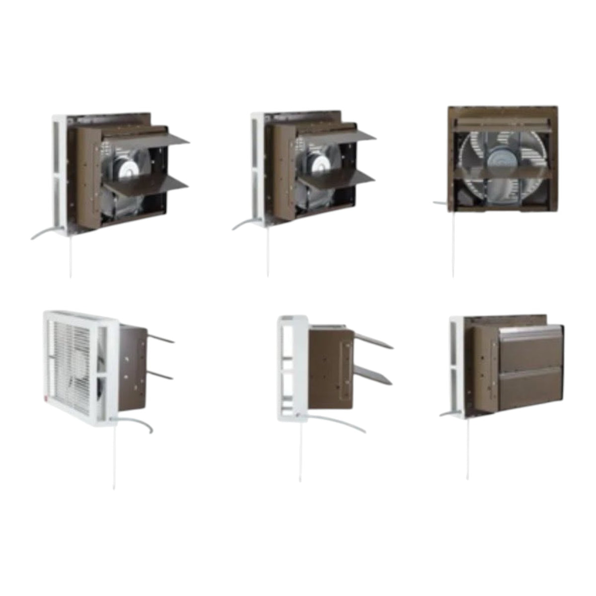Six views of a wall-mounted industrial fan unit with brown metal housing, silver protective guards, and a white outer frame, shown on a plain white background.