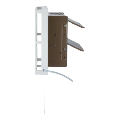 A white and brown wall-mounted electrical junction box with two angled metal tabs and a white cable running along the side, shown against a plain white background.