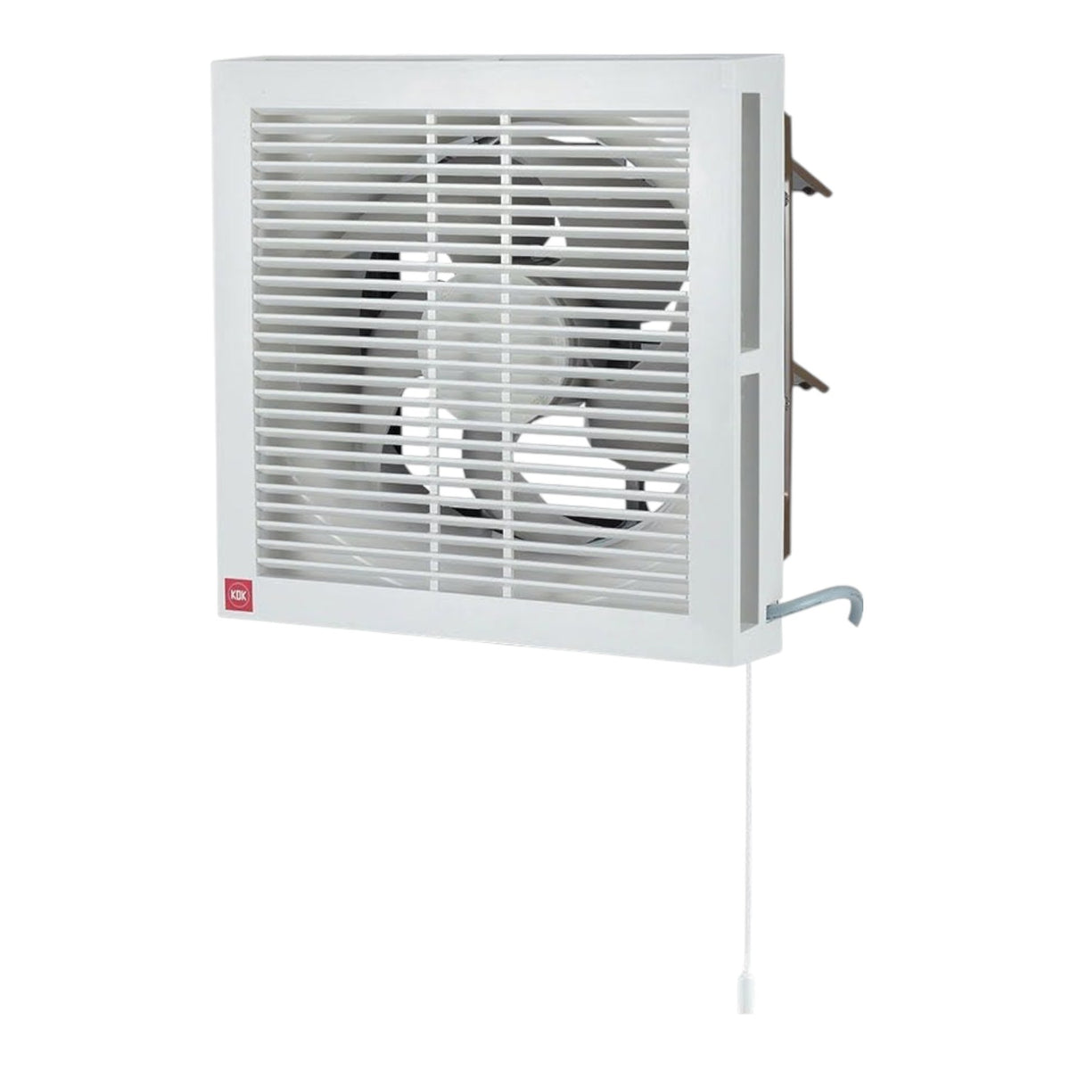 A white square wall-mounted exhaust fan with a front grille, visible fan blades, mounting brackets on the side, and a pull cord hanging below, shown on a plain white background.