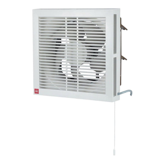 A white square wall-mounted exhaust fan with a front grille, visible fan blades, mounting brackets on the side, and a pull cord hanging below, shown on a plain white background.
