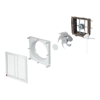 White exhaust fan kit with a square vent grille, circular fan housing, three-blade fan blade, and motorized frame on a plain white background.