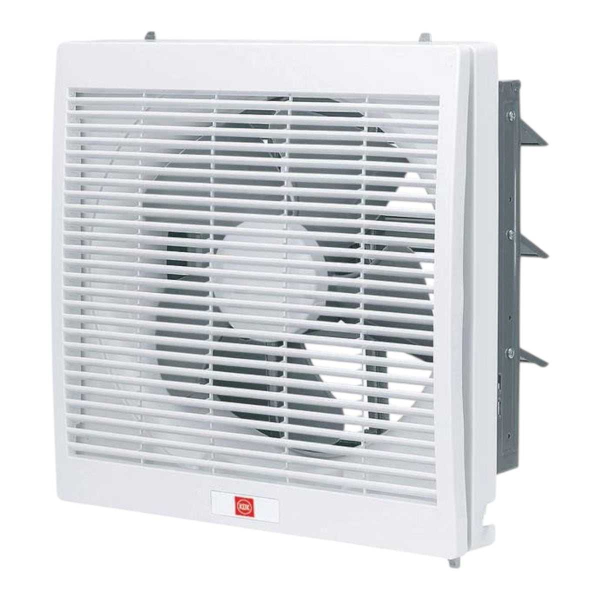 A white wall-mounted exhaust fan with a slatted front grille and visible fan blades inside, shown on a plain white background.