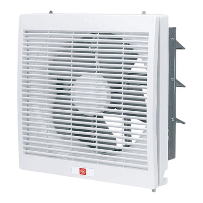 A white wall-mounted exhaust fan with a slatted front grille and visible fan blades inside, shown on a plain white background.