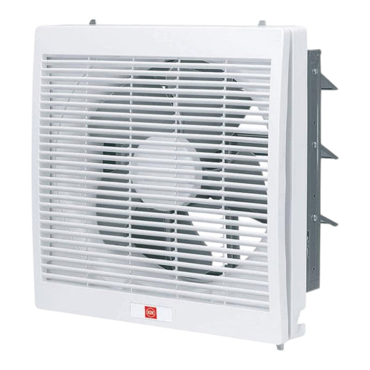 A white wall-mounted exhaust fan with a slatted front grille and visible fan blades inside, shown on a plain white background.