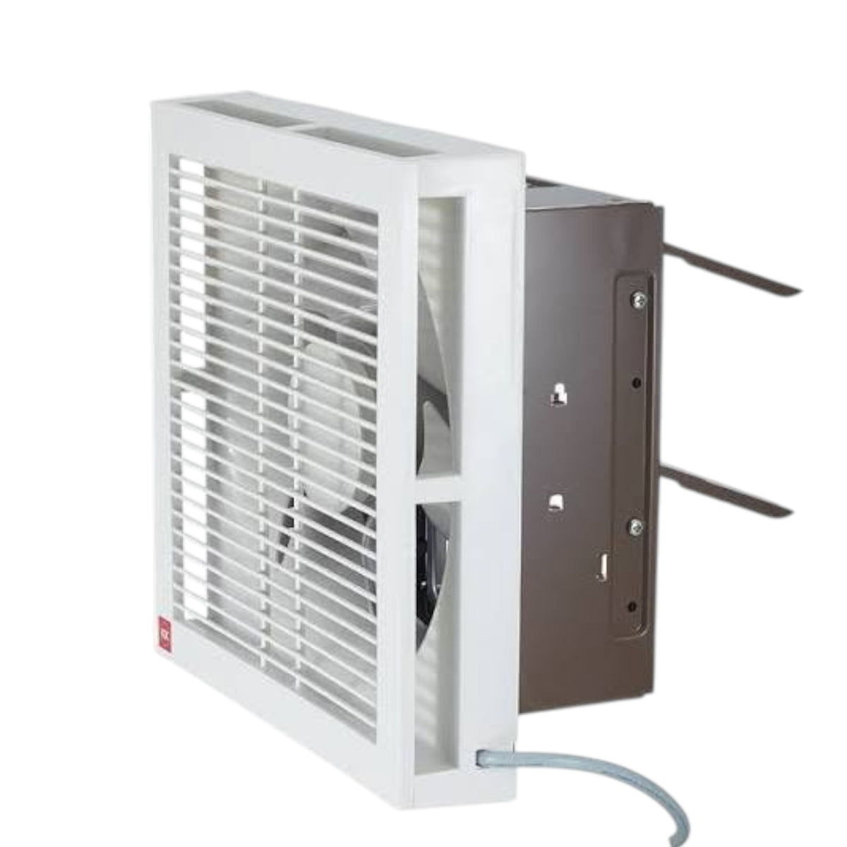 A white and brown wall-mounted ventilation fan with a front grille, side panel, and power cord, shown on a plain white background.