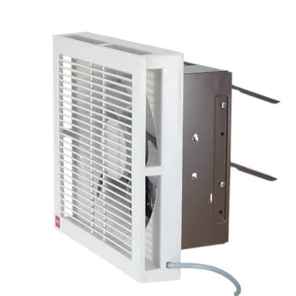 A white and brown wall-mounted ventilation fan with a front grille, side panel, and power cord, shown on a plain white background.