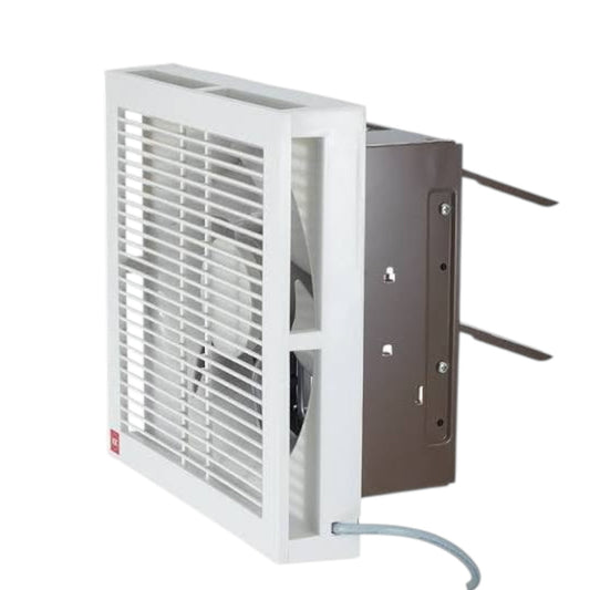 A white and brown wall-mounted ventilation fan with a front grille, side panel, and power cord, shown on a plain white background.