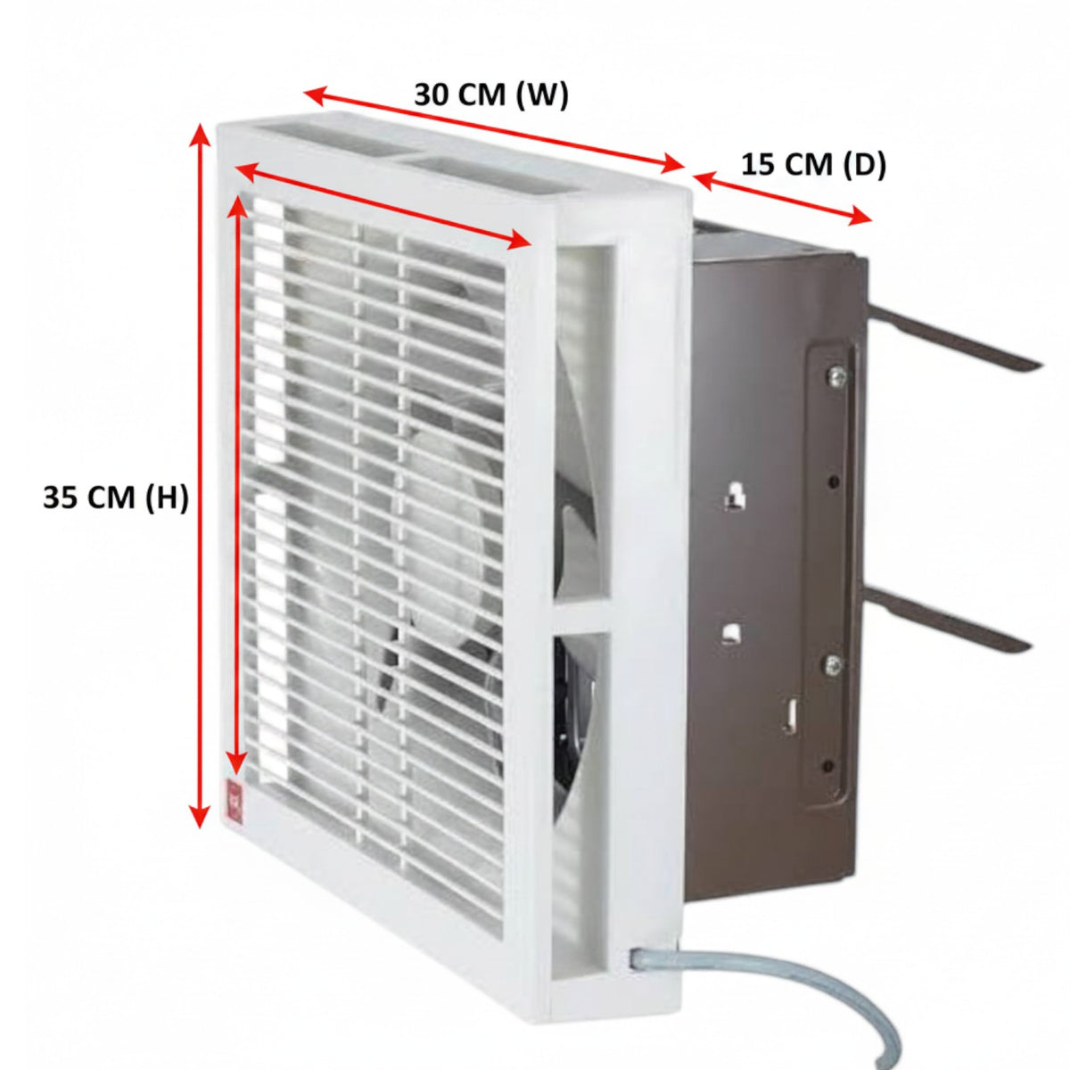 A white and dark gray wall vent fan with red dimension arrows and labels showing 30 cm width, 15 cm depth, and 35 cm height on a white background.