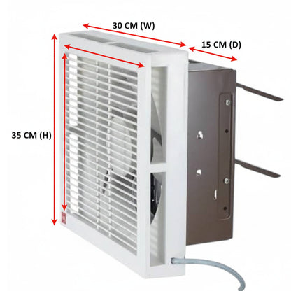 A white and dark gray wall vent fan with red dimension arrows and labels showing 30 cm width, 15 cm depth, and 35 cm height on a white background.