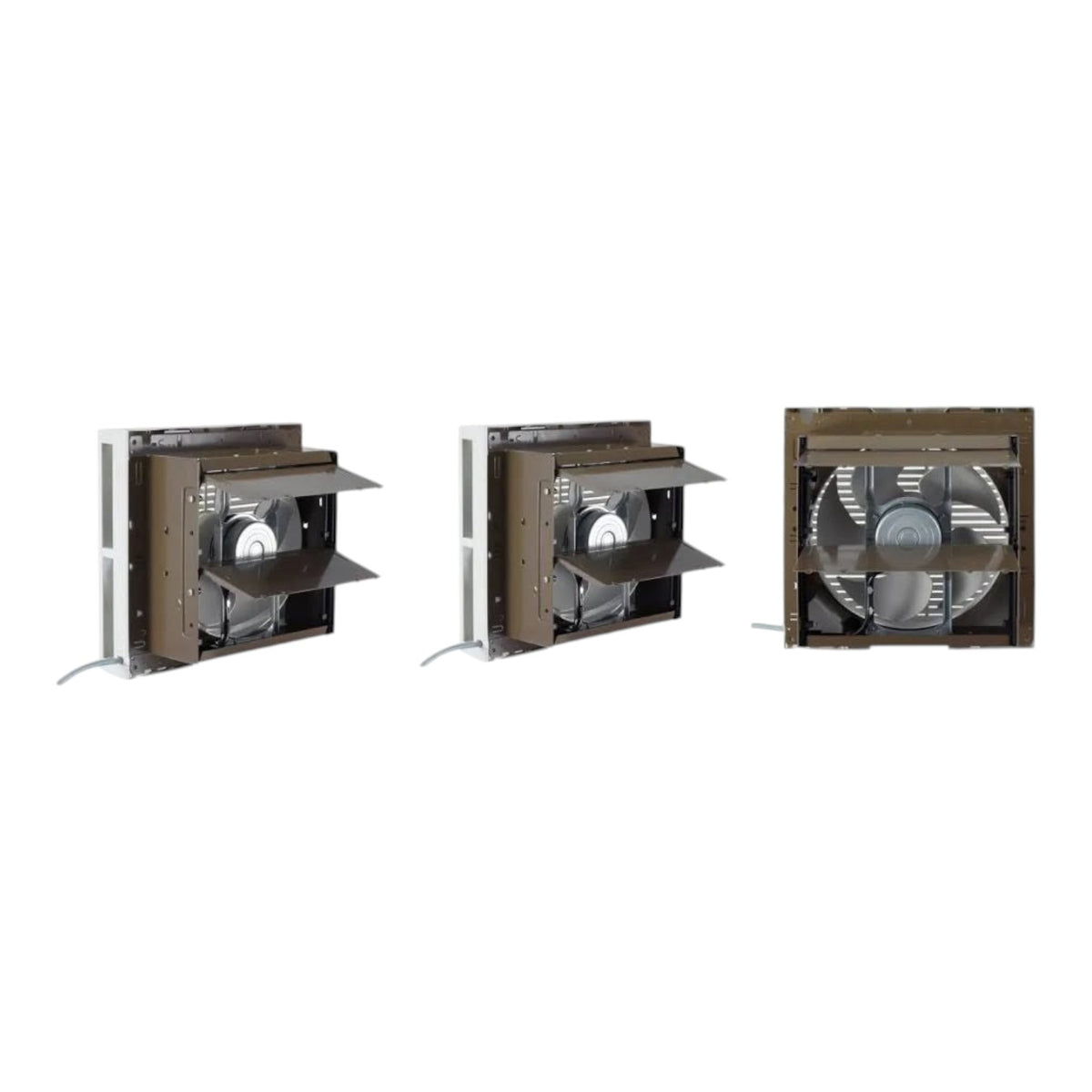 Three wall-mounted exhaust fans shown against a plain white background, including side and front views.