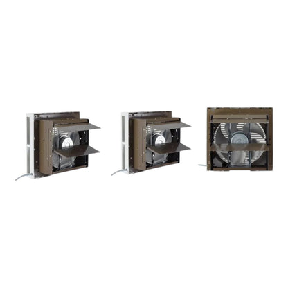 Three wall-mounted exhaust fans shown against a plain white background, including side and front views.