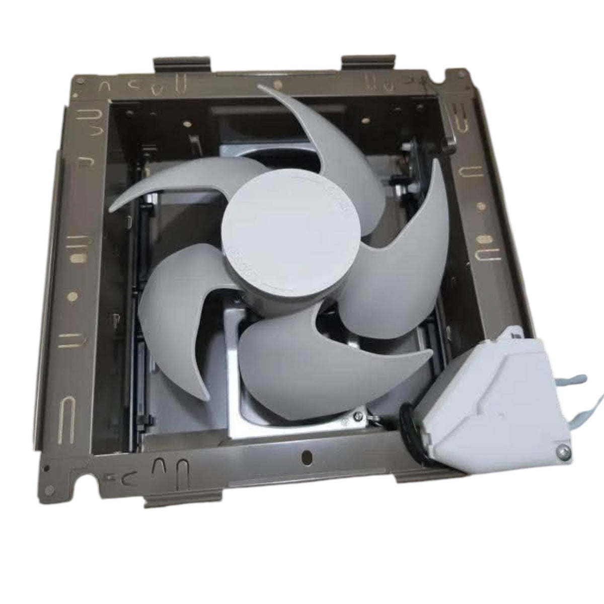 A square ceiling fan assembly with a five-blade fan, metal housing, and a white ceiling mount bracket, shown on a plain white background.