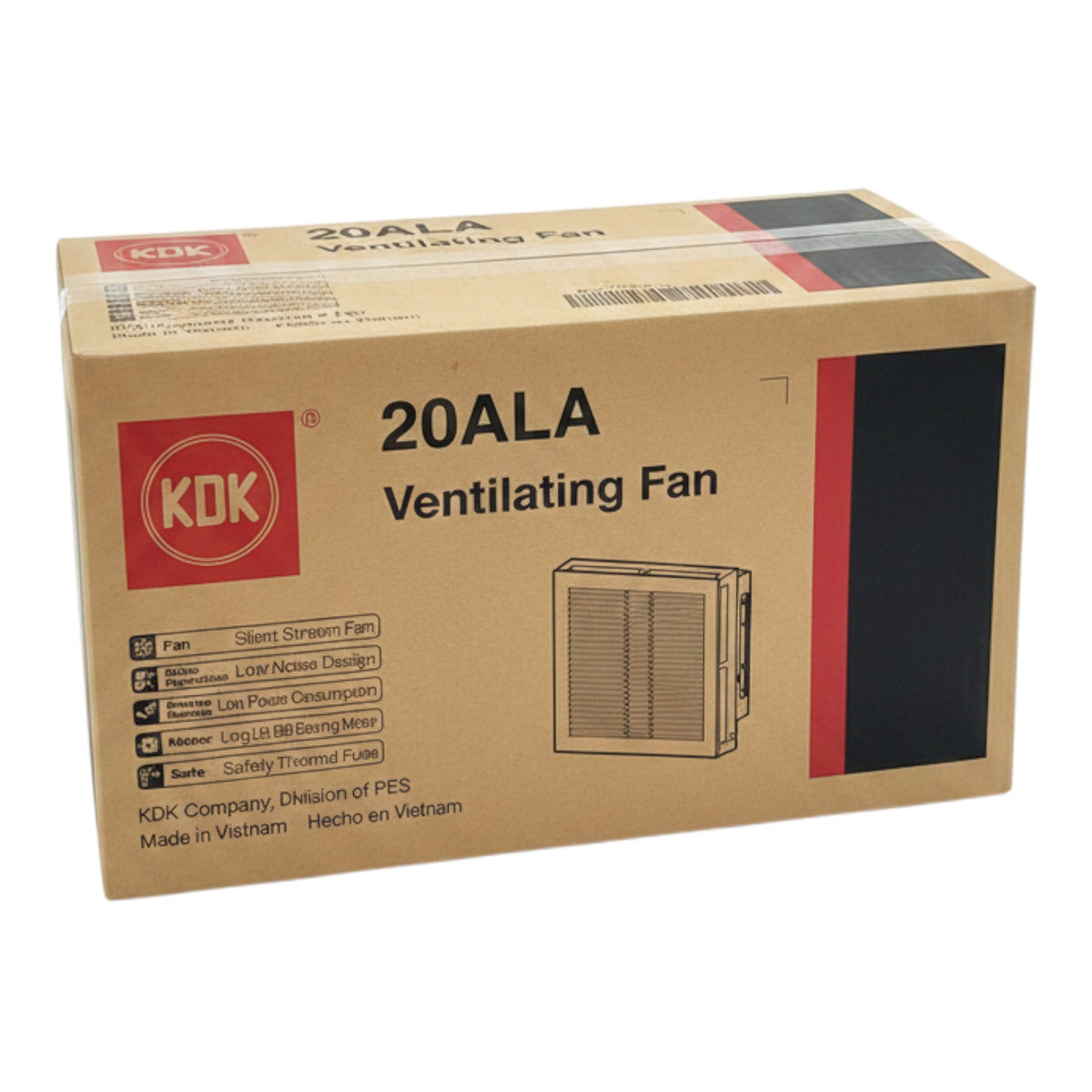 KDK 20ALA Ventilating Fan product packaging box, featuring a brown cardboard box with red and black branding blocks and a small product illustration.